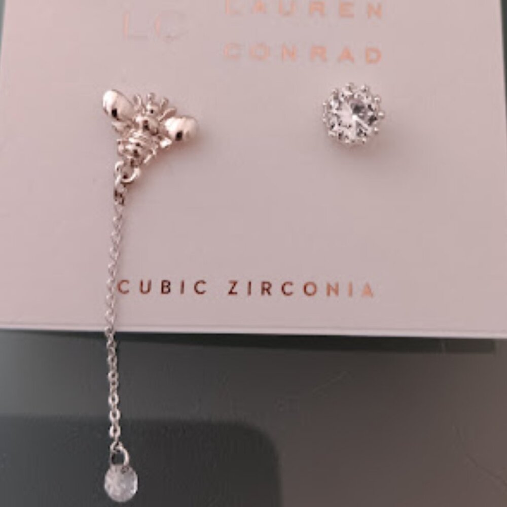LC LAUREN CONRAD Queen Bee & Royal Crown Silver Clear CZ Mismatch Earrings**NEW!